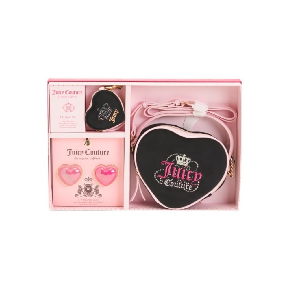 JUICY COUTURE 3pc Heart Crossbody Set Lip Gloss Duo Liquorice Pink Black Velour